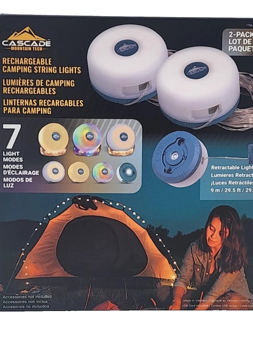 Cascade Rechargeable Retractable Camping String Lights 7 Light Modes 2-Pack